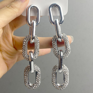欧美新款奢华风锁链耳环水钻高级感街拍耳环长款扣环几何百搭耳饰