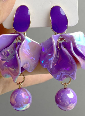 新款夸张高级感花朵耳环气质时尚紫色花瓣珠子高档感耳饰长款耳坠