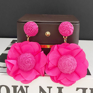 日韩网纱玫红花朵编织绳耳环小清新甜美气质耳钉简约可爱风耳饰