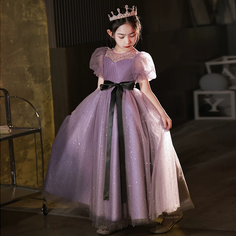 女孩礼服高贵紫色花童公主裙主持人合唱钢琴演奏演出服年会女大童