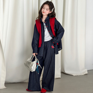 女童春装套装2026新款中大童儿童洋气潮童装女孩牛仔衬衫直筒长裤