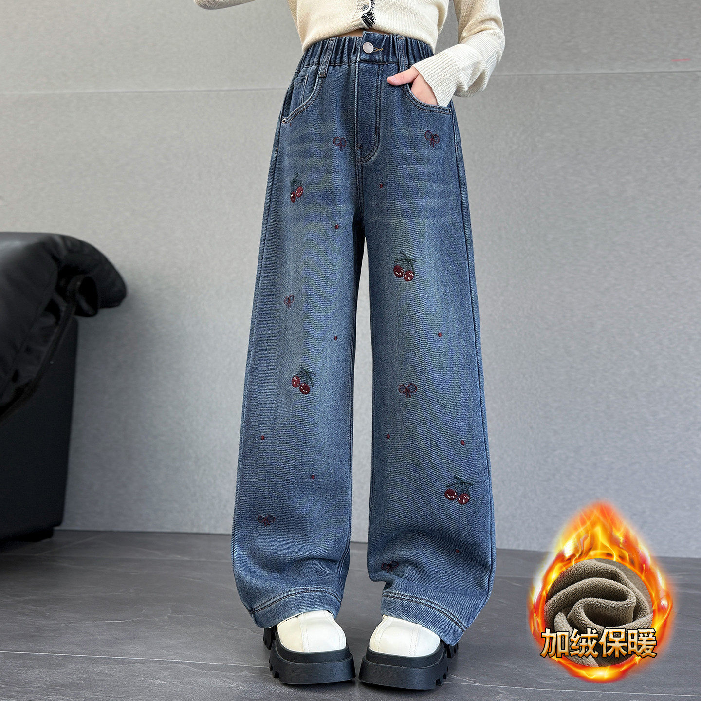女童加绒牛仔裤秋冬2026新款大童洋气直筒长裤女孩超好看冬装裤子
