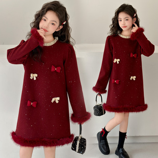 女童连衣裙秋冬2026新款中大童时髦洋气新年款12岁女孩红色公主裙