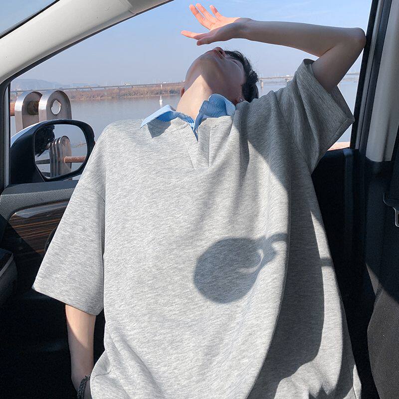 韩系夏季拼接假两件短袖翻领POLO