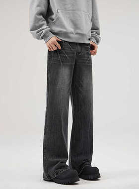 2024春夏新款NOW3蓝色cleanfit美式微喇休闲闪电裂纹牛仔裤男士潮