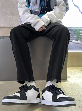 黑色牛仔裤男春秋款修身小脚毛边