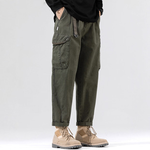 休闲裤男士秋冬季宽松直筒男裤美式潮牌加绒加厚九分工装裤子