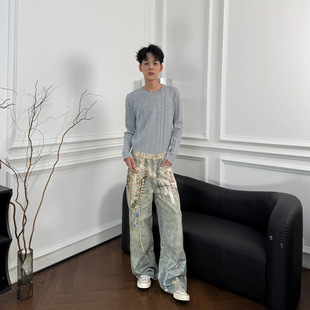 美式ac风格1981m珍珠蕾丝牛仔裤潮牌街头直筒宽松休闲裤男女同款