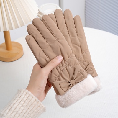 冬天手套女保暖加绒加厚棉防水蝴蝶结兔毛口触屏滑雪骑电动车户外