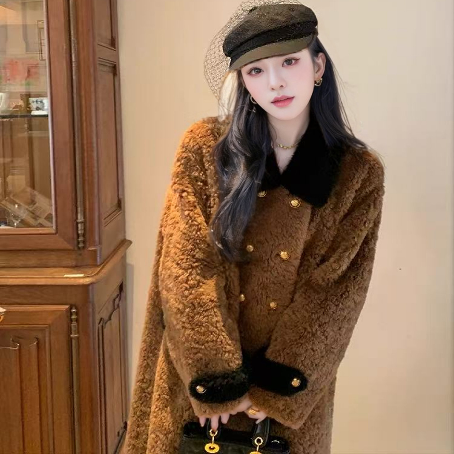 法式香榭中长款撞色羊羔毛羊剪绒皮毛一体皮草外套女2025冬季新