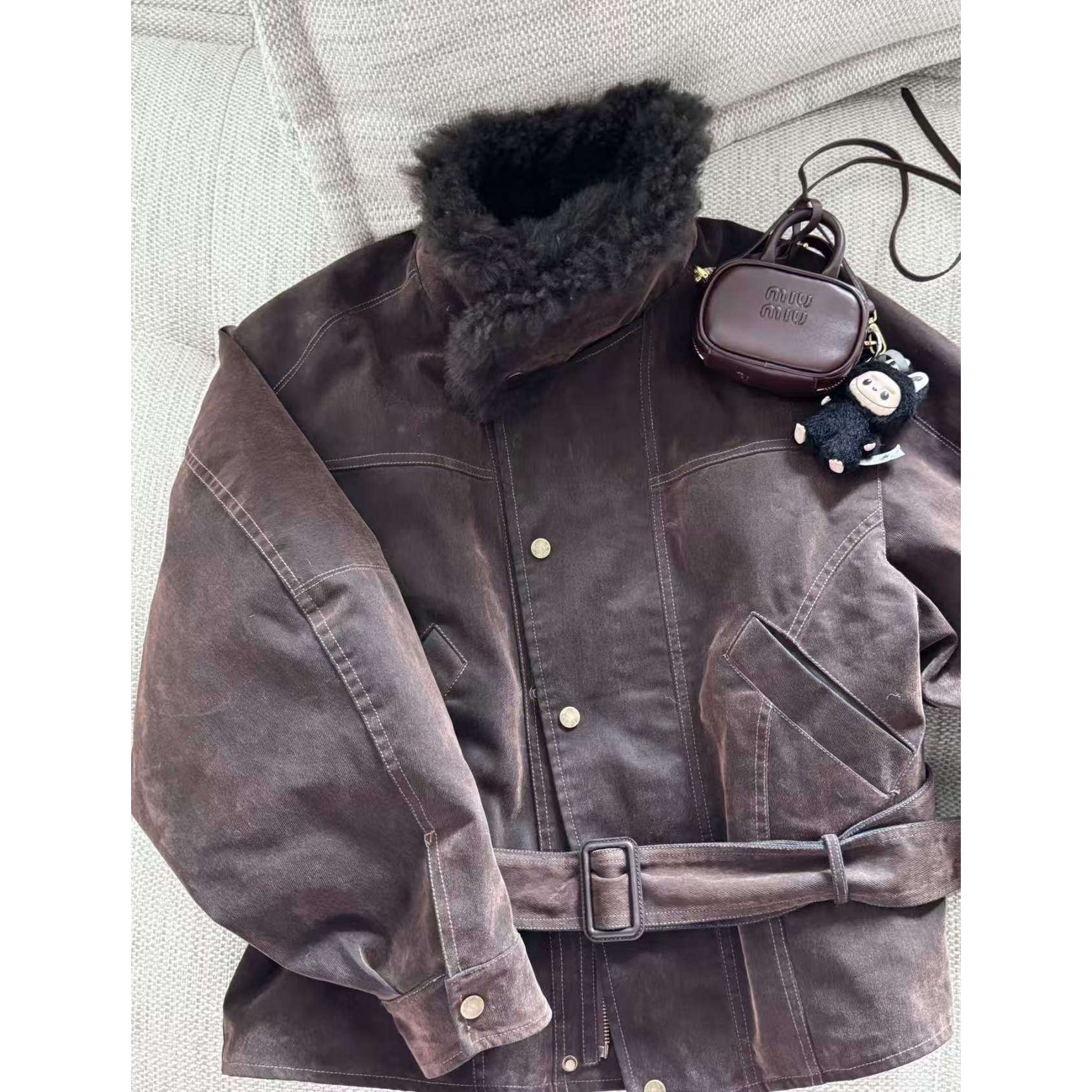 美式复古羊羔毛领鹅绒派克服皮草外套羽绒服女收腰气质短款高级感