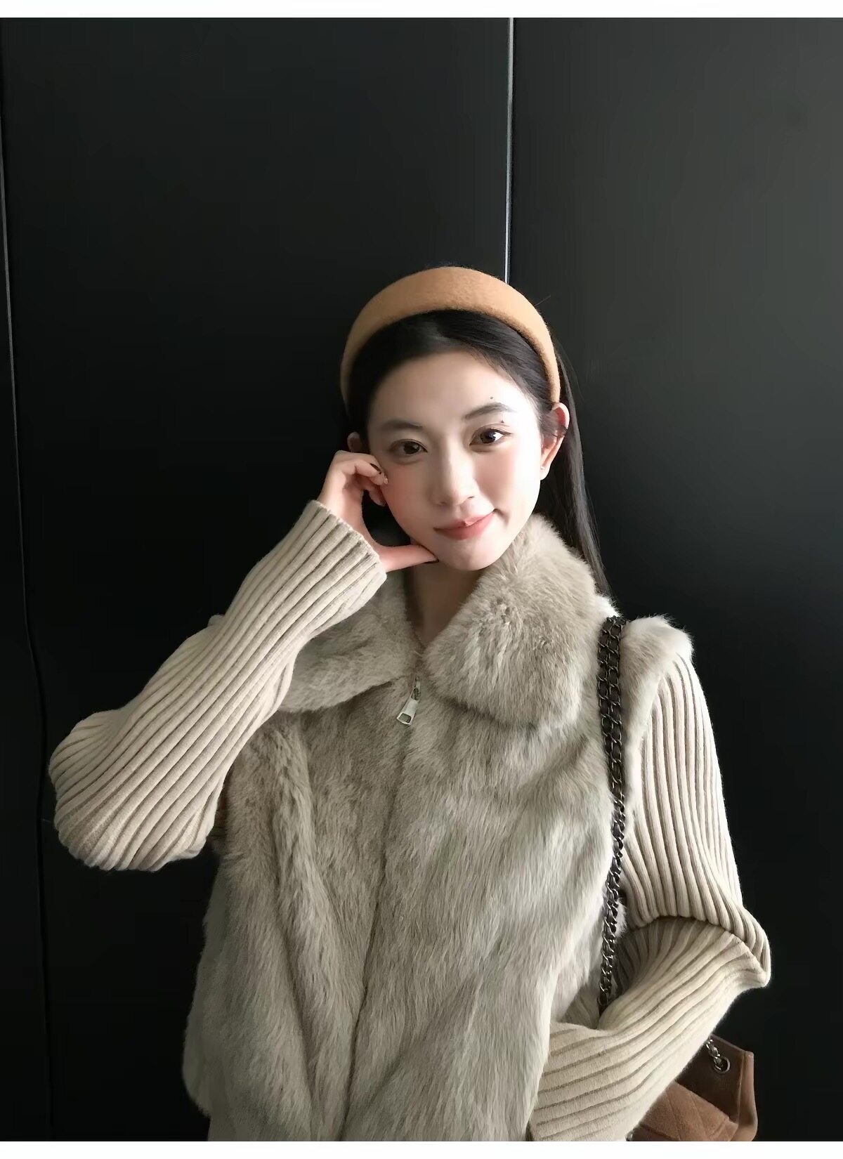 100%兔毛拼接羊毛针织外套女气质显瘦皮毛一体上衣