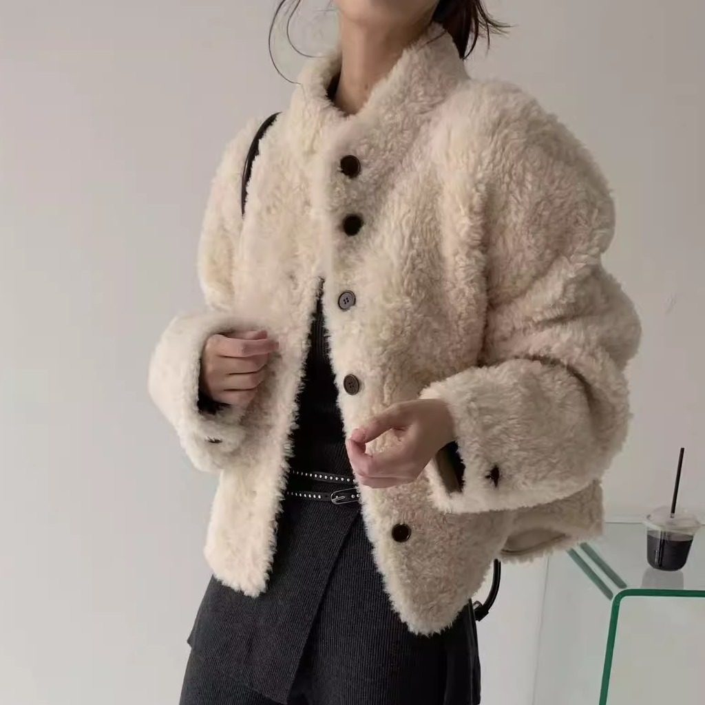 100绵羊羔毛韩系立领2025冬季新款羊剪绒皮毛一体皮草外套女短款