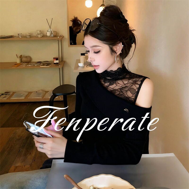FENPERATE蕾丝拼接露肩半高领毛衣女秋冬新款内搭针织衫辣妹上衣