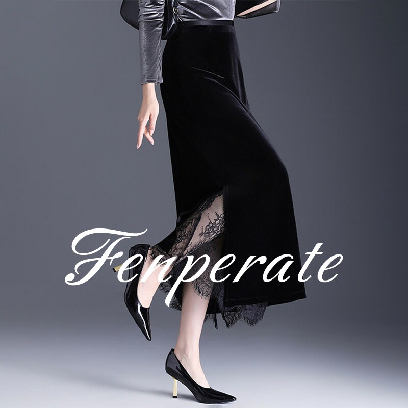 FENPERATE金丝绒包臀裙女2026春季新品开叉蕾丝边休闲半身裙长裙