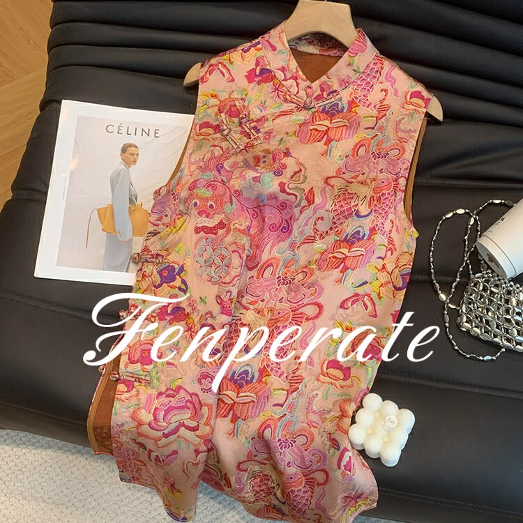 FENPERATE新中式国风盘扣无袖背心女夏季复古印花中长款马甲上衣