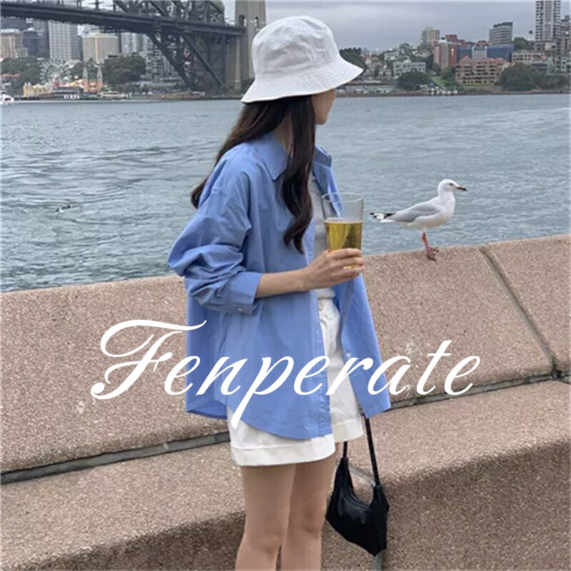 FENPERATE蓝色衬衫设计感小众衬衣女夏季休闲慵懒风外搭长袖上衣