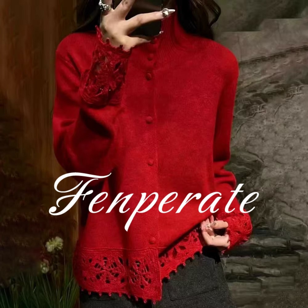FENPERATE红色高领毛衣女秋冬慵懒高级感镂空钩花打底针织衫上衣