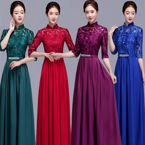 大合唱演出服女长裙新款中老年舞台主持指挥修身成人合唱礼服成人