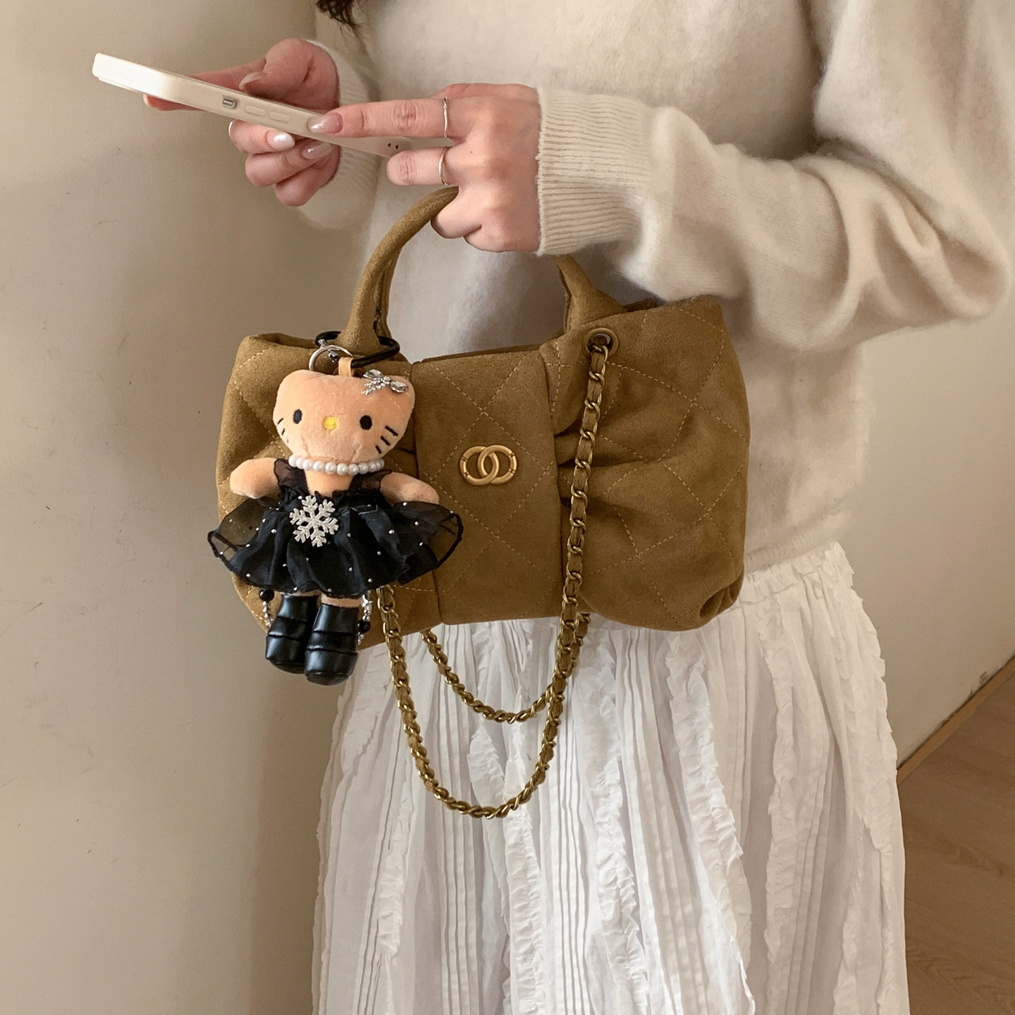 超火小众小香风麂皮绒托特包包女菱格链条手提包大容量百搭小方包,箱包皮具/热销女包/男包,托特包,淘宝优惠券,粉丝福利购,淘宝优惠卷