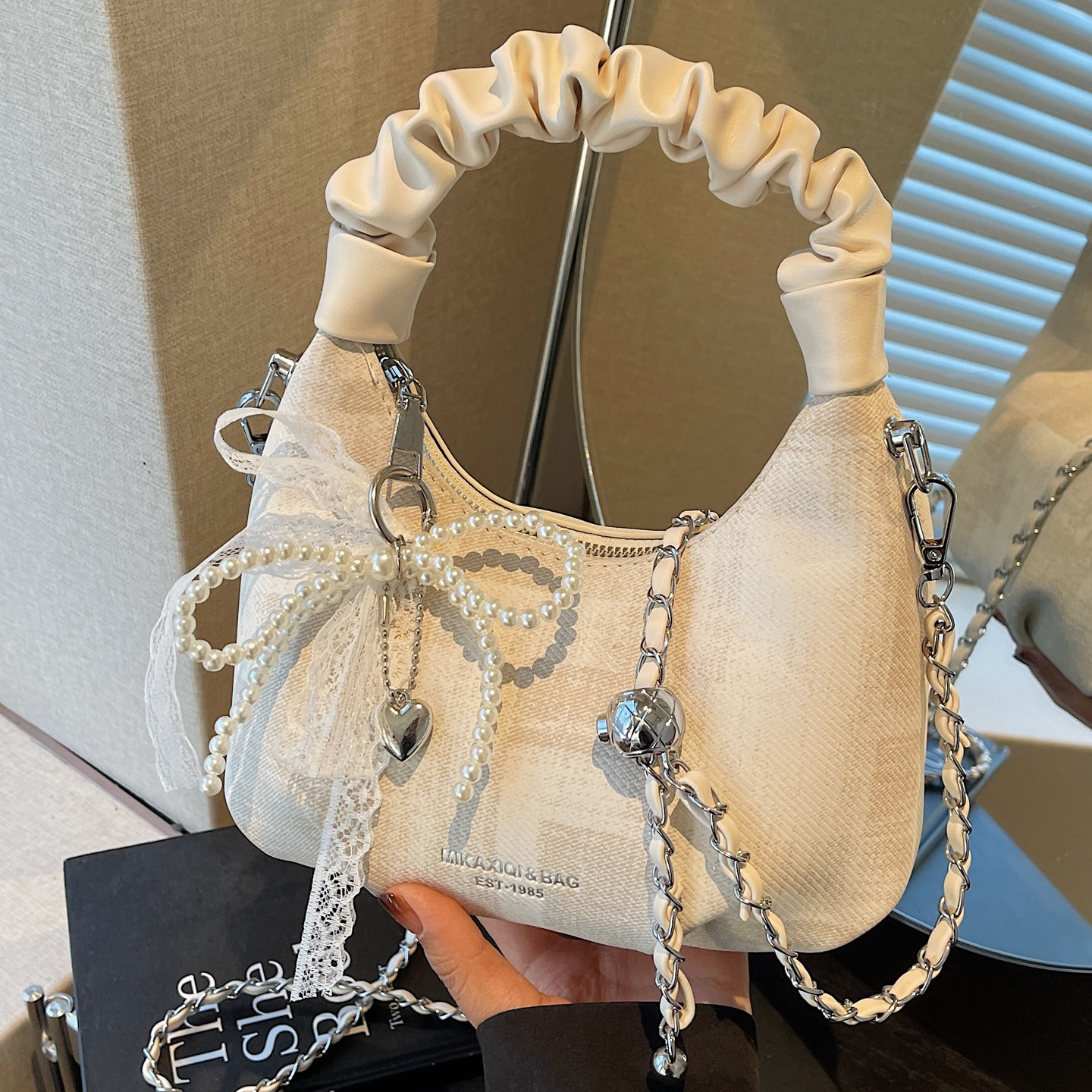 小包包女包褶皱手提包帆布蝴蝶结珍珠链条小方包高级感百搭斜挎包,箱包皮具/热销女包/男包,小方包,淘宝优惠券,粉丝福利购,淘宝优惠卷