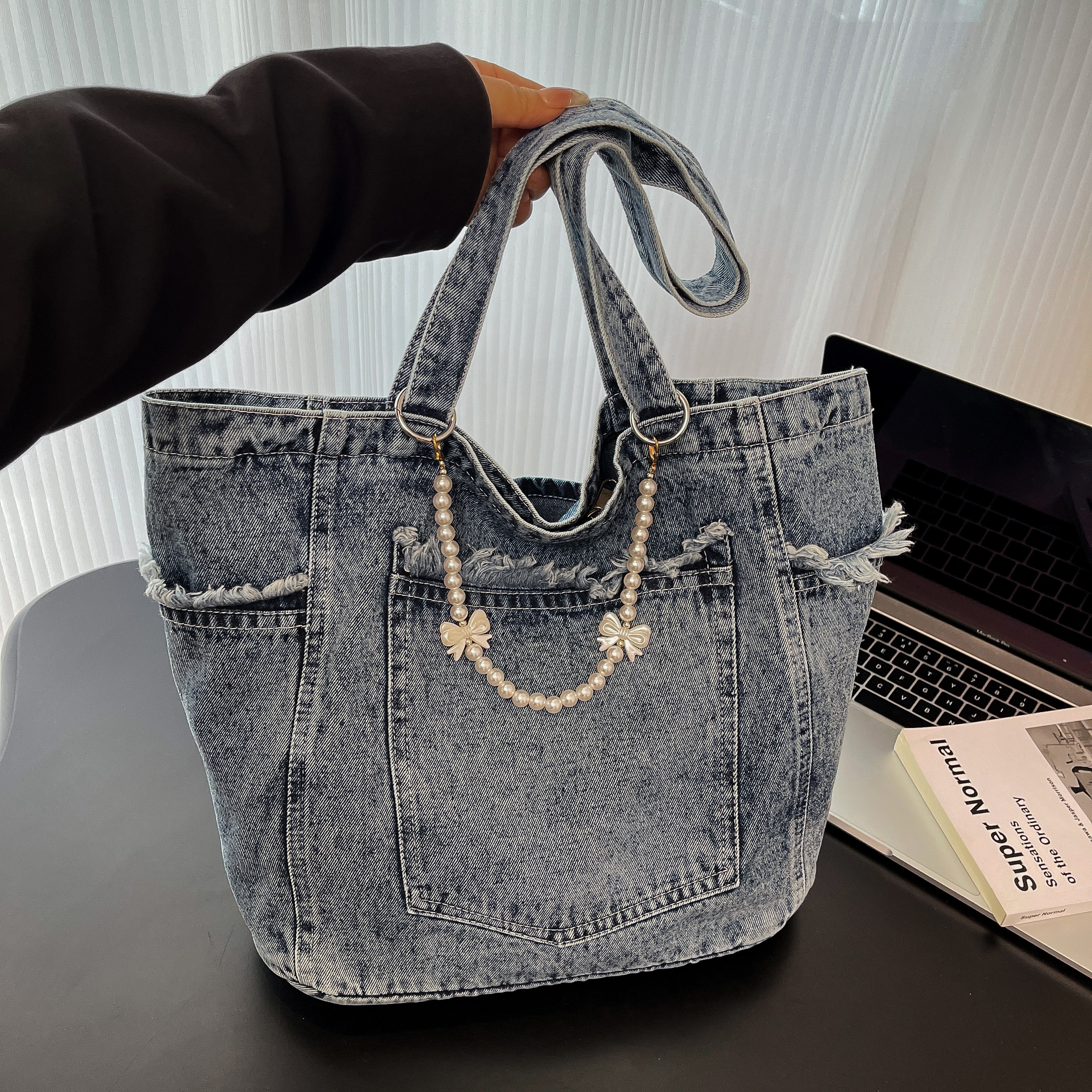 牛仔帆布托特包包女休闲大容量单肩腋下包通勤气质珍珠链条手提包,箱包皮具/热销女包/男包,托特包,淘宝优惠券,粉丝福利购,淘宝优惠卷