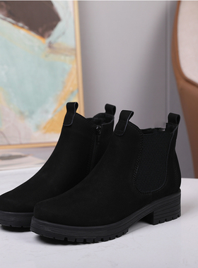 宽楦正品真皮德国女鞋2025秋冬新款方跟休闲女靴侧拉链短靴52.091