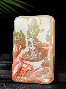 和田玉籽料山水观音玉牌挂件