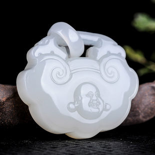 天然新疆和田玉白玉吊坠如意平安长命玉锁佛公玉锁项链羊脂玉挂件