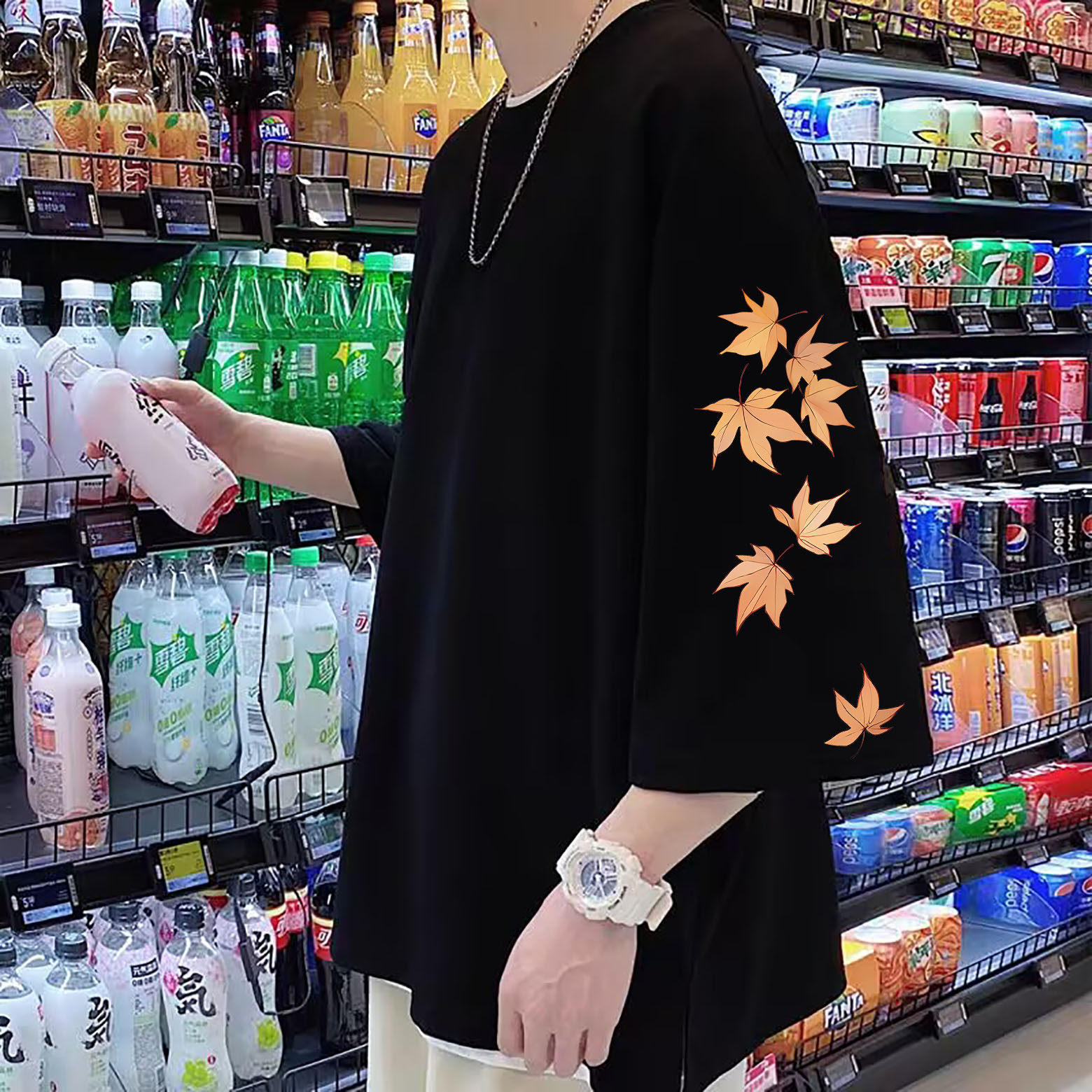 中国风七分袖t恤男潮牌夏季薄款胖子宽松大码半袖上衣服冰丝体恤