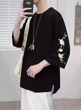 新中式黑色t恤男夏季青少年