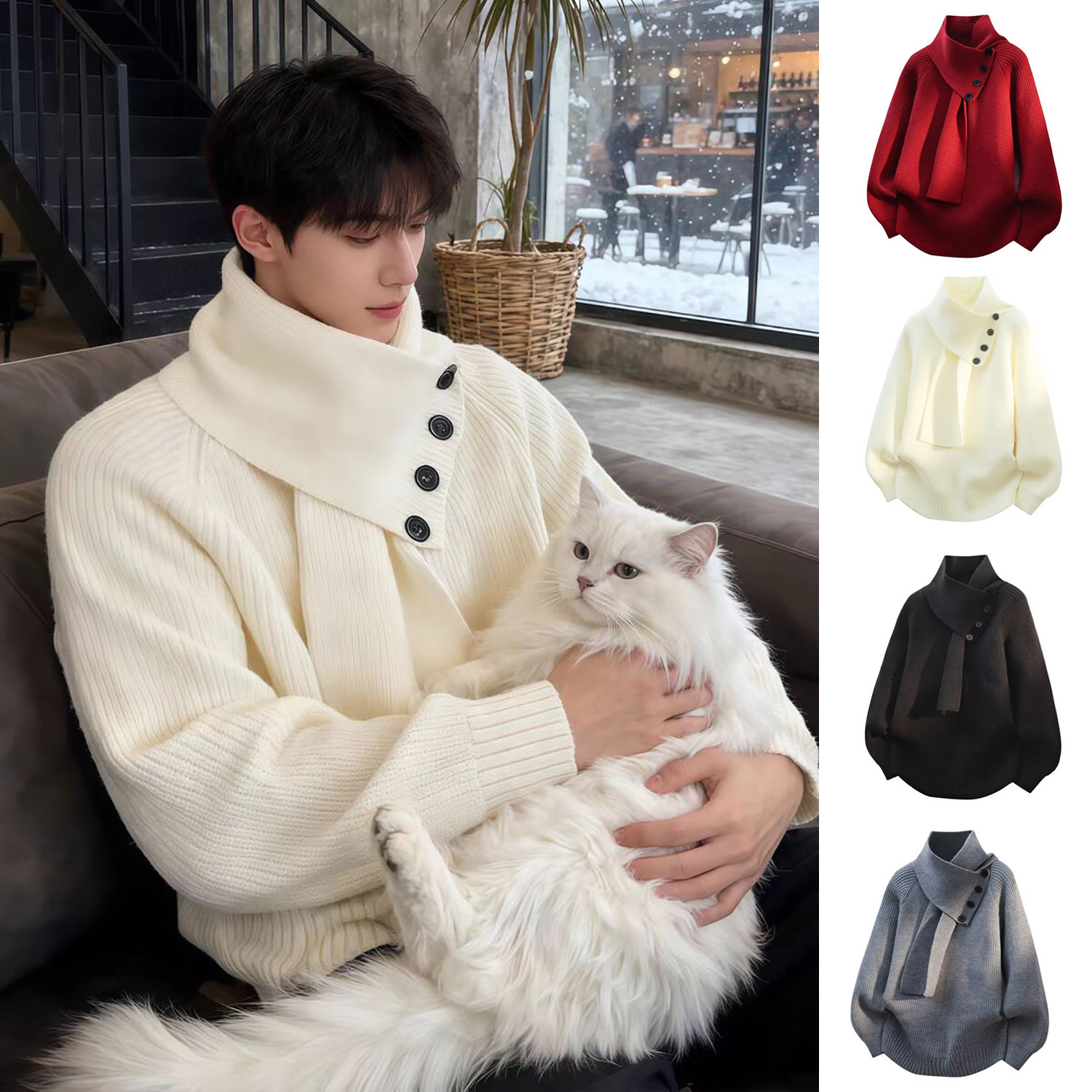 毛衣男款秋冬季青少年慵懒风情侣半高领打底针织衫可脱卸围巾线衣,男装,针织衫/毛衣,淘宝优惠券,粉丝福利购,淘宝优惠卷