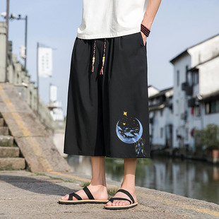 薄款 男夏季 宽松大码 中裤 新中式 青少年休闲直筒7分短裤 国风七分裤