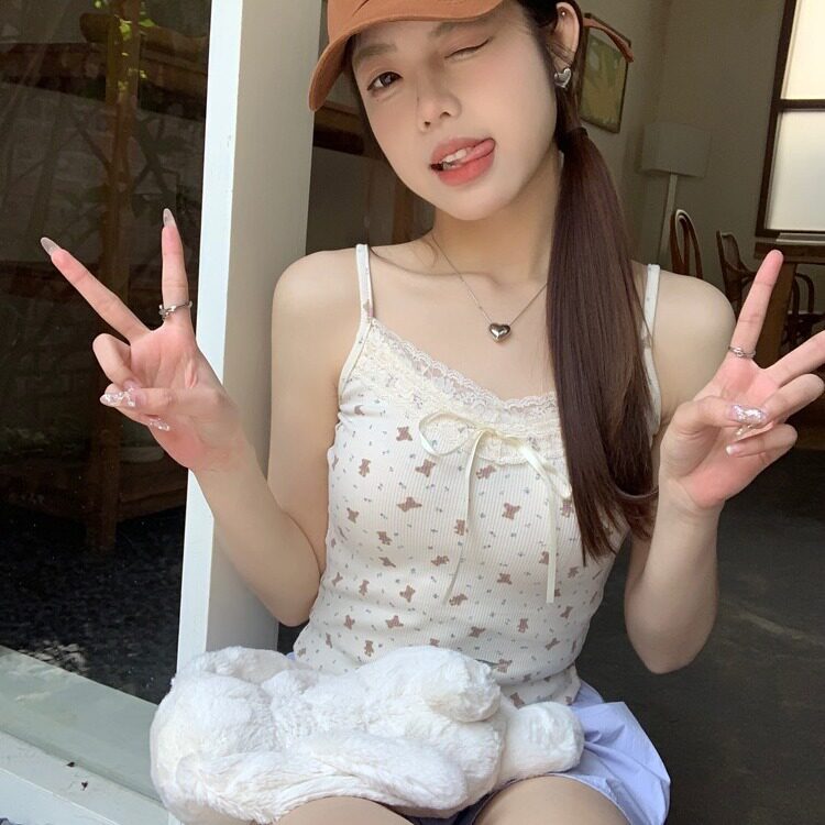 H342#甜美蝴蝶结蕾丝碎花吊带背心女2024夏季修身内搭辣妹短款上