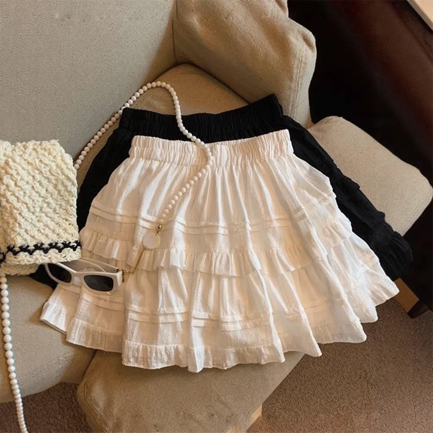白色纯棉短裙女2026新款春季芭蕾风蓬蓬百褶裙高腰显瘦a字半身裙