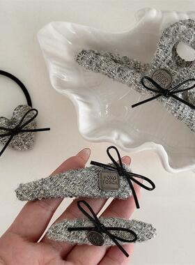 灰色亮丝编织布艺黑色皮质蝴蝶结发夹盘发鲨鱼夹刘海夹发夹发饰