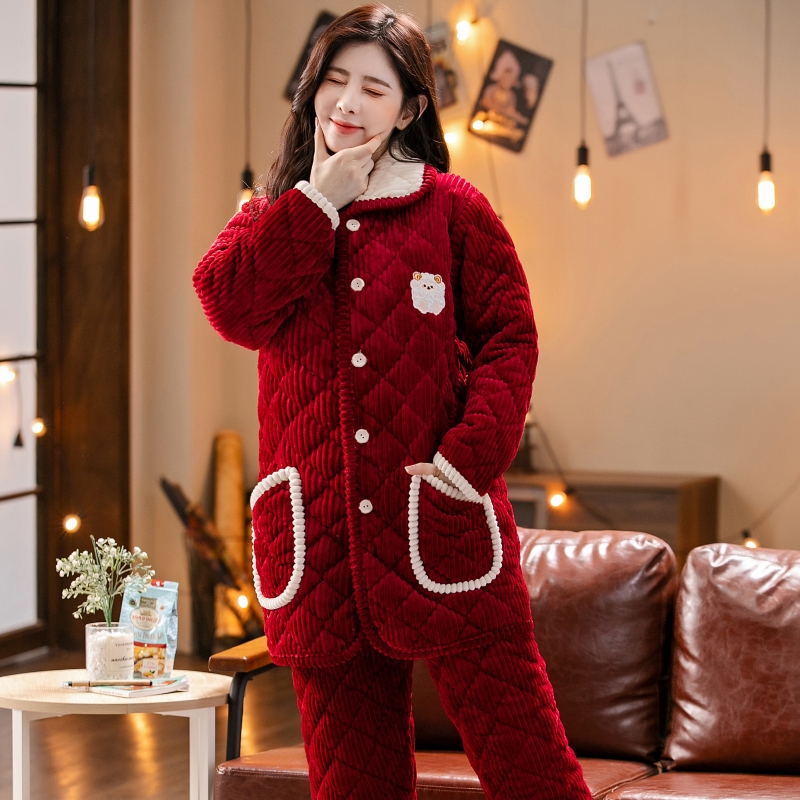 女士冬季珊瑚绒夹棉保暖睡衣