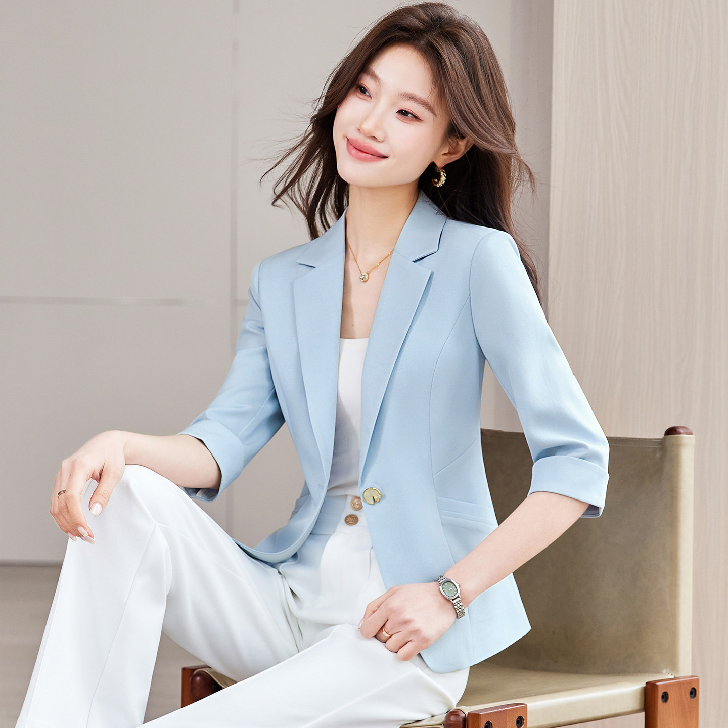 浅蓝色七分袖西装外套女春夏薄款小个子修身商务风百搭西服