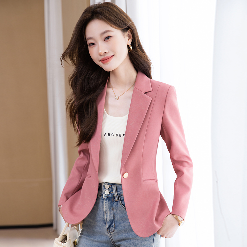 粉色休闲小西装外套女春秋小个子高级感修身短款西服上衣