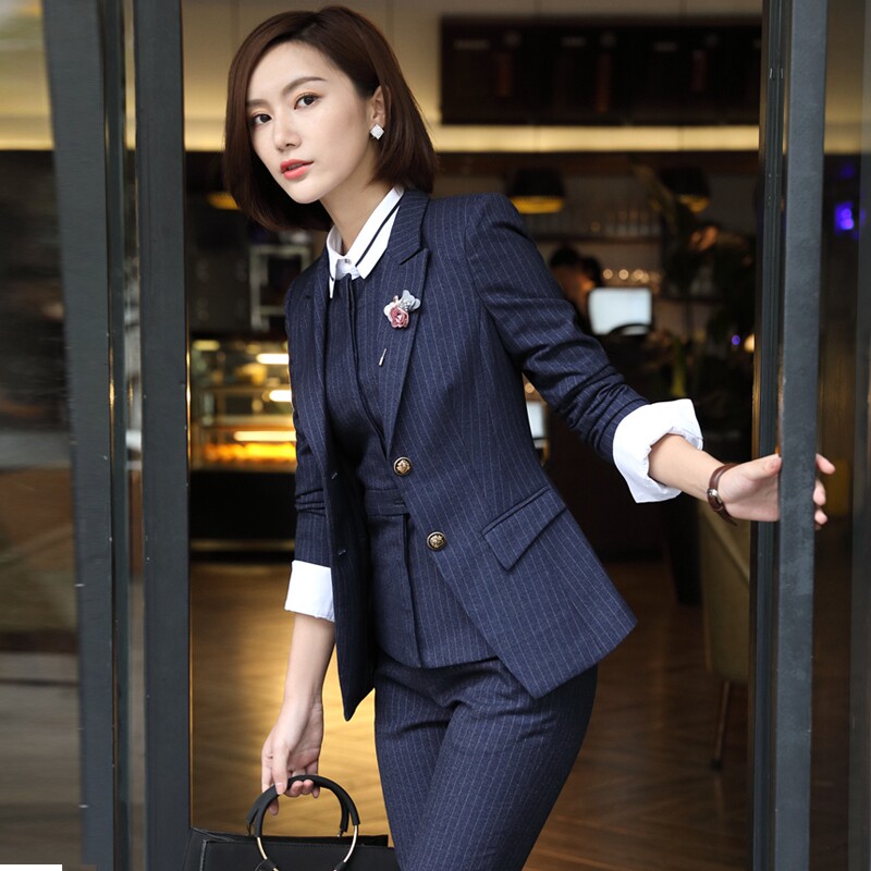 秋冬条纹西装套装女西服四件套工作服办公室工装黄金珠宝店职业装在类目 女装/女士精品, 套装/学生校服/工作制服, 职业女裤套装中 - 来自Buy2taobao.com提供专业的淘宝代购服务
