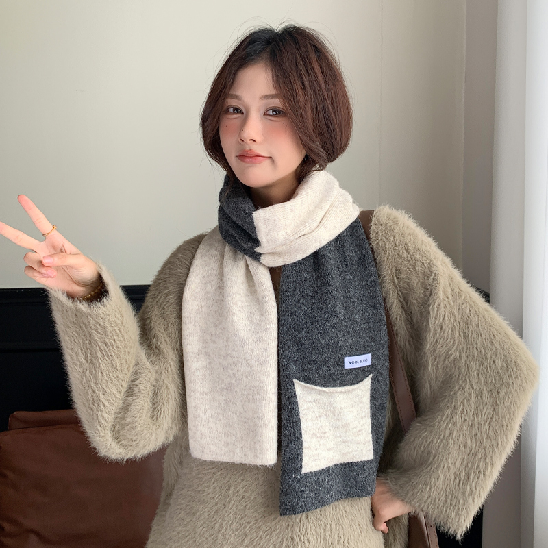 拼色加厚毛线口袋围巾男女情侣款针织羊毛撞色围脖秋冬加厚保暖款