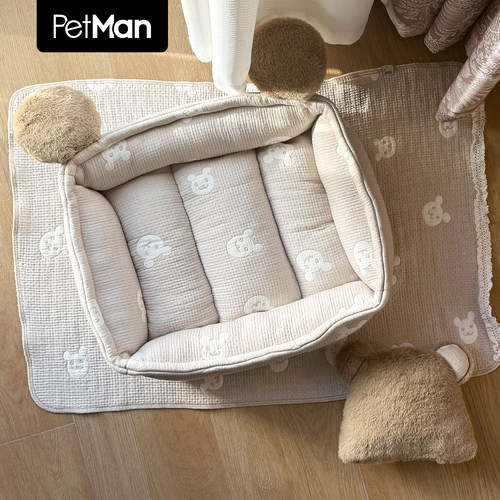 PetMan狗窝猫窝韩国进口面料一体免拆洗卡通小熊可爱空调盖毯睡垫