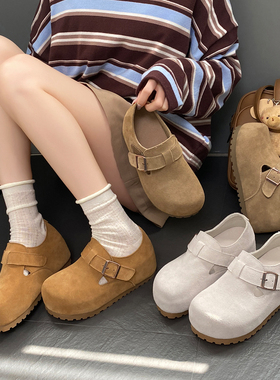 复古厚底勃肯鞋女休闲全包牛反绒内增高新款文艺一脚蹬单鞋博肯鞋