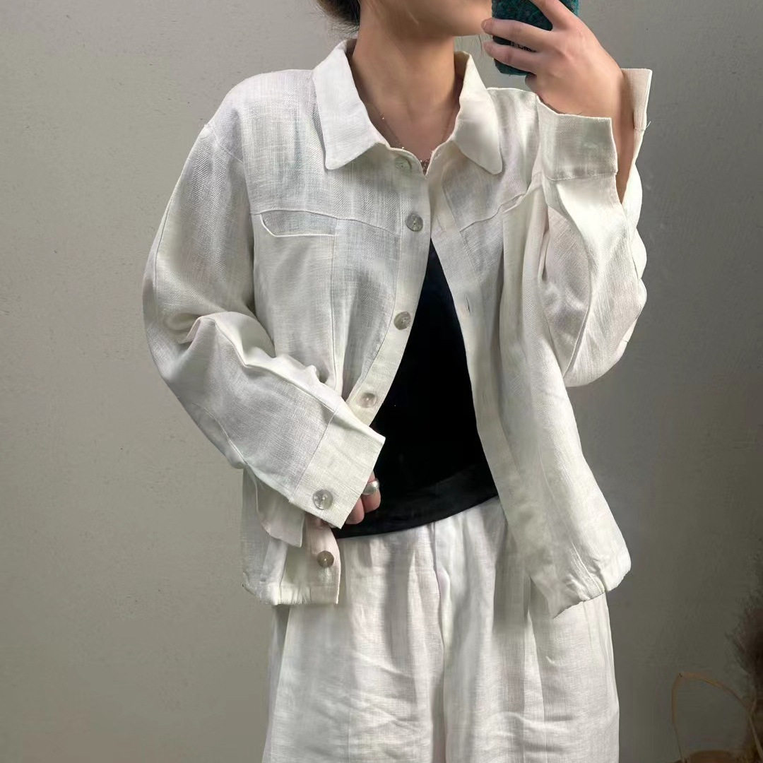 速达衣岩红专柜2025春季新款纯色厚苎麻抽绳外套女式气质短款开衫