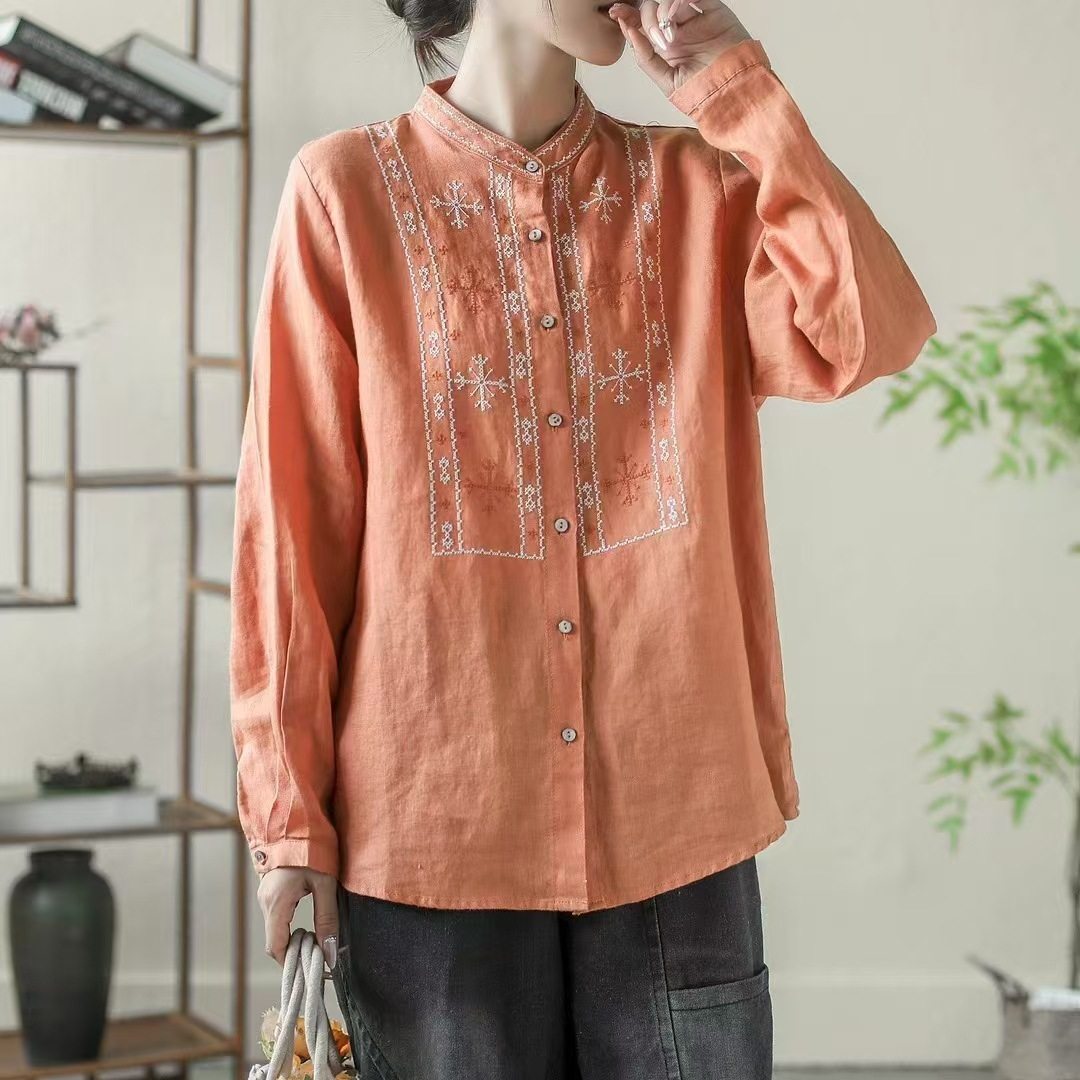 速达衣岩红专柜2025春季新款苎麻刺绣长袖衬衫女文艺宽松气质上衣