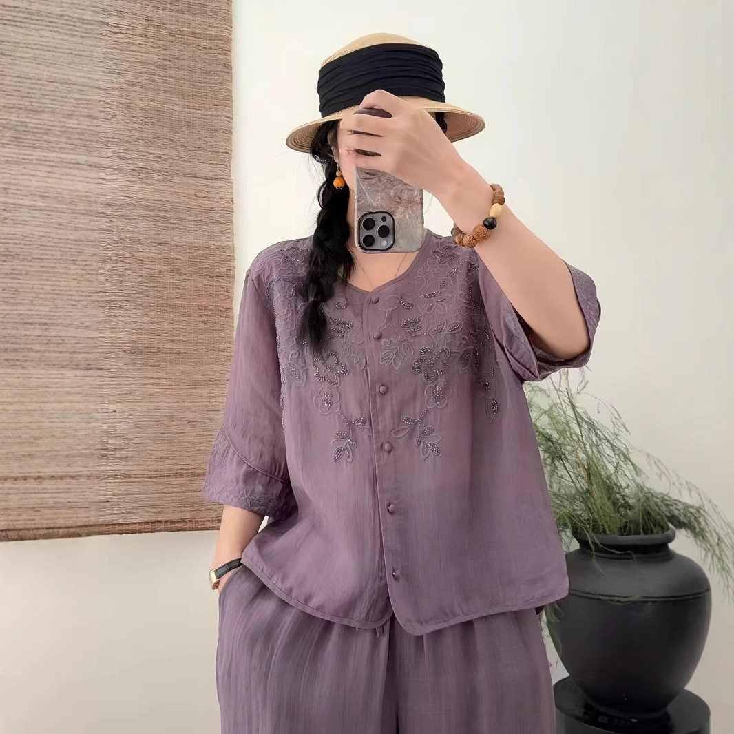 速达衣岩红专柜2025春季新款春夏季苎麻重工刺绣女上衣气质衬衣