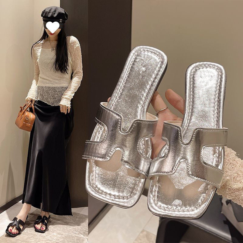 少女新款方头露趾百搭仙女风防滑简约一字拖鞋平底时尚沙滩拖鞋女,女鞋,一字拖,淘宝优惠券,粉丝福利购,淘宝优惠卷