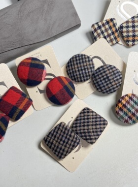 韩国进口格纹耳钉夸张大号秋冬耳饰千鸟纹时尚小众个性耳环