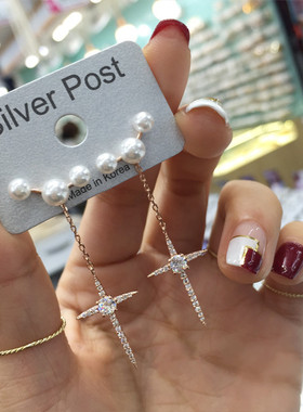 韩国东大门饰品微镶锆石银针高级感耳钉珍珠新年耳坠流苏法式耳饰