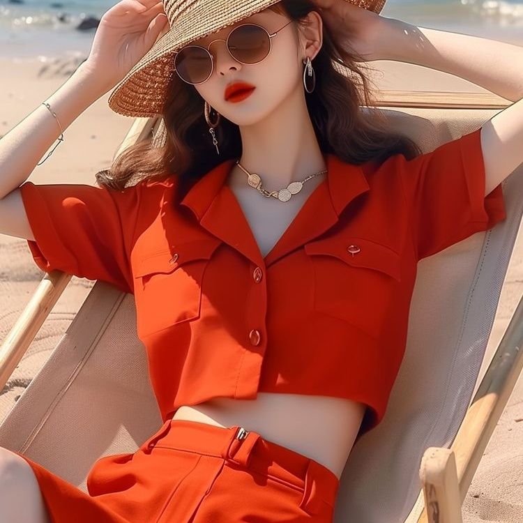 夏季短袖橘色西装露脐法式小众衬衫短款半身裙套装夏天